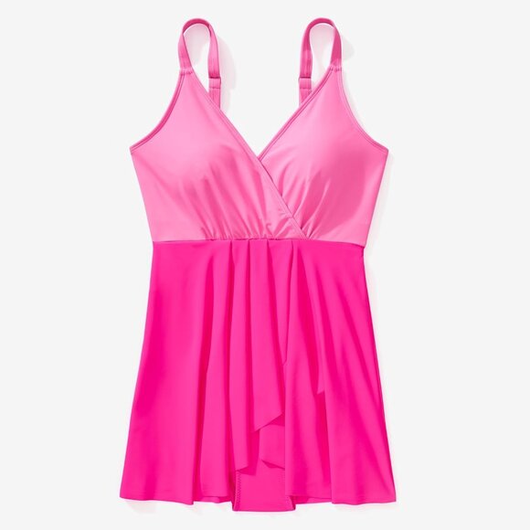 Women's One Piece Swim Dress Swimsuit Tummy Control Skirted Bathing Suit Pink - Picture 5 of 8